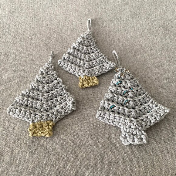 Handmade Crochet Pale Blue/Grey Holiday Christmas Tree Hang Decorations Set of 3 - Picture 3 of 5